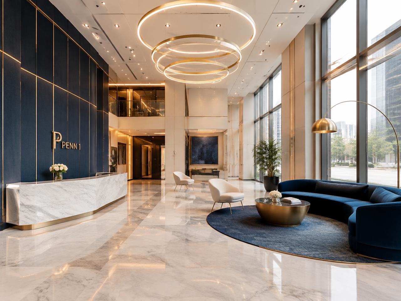 Lobby corporativo em mármore e tons de azul